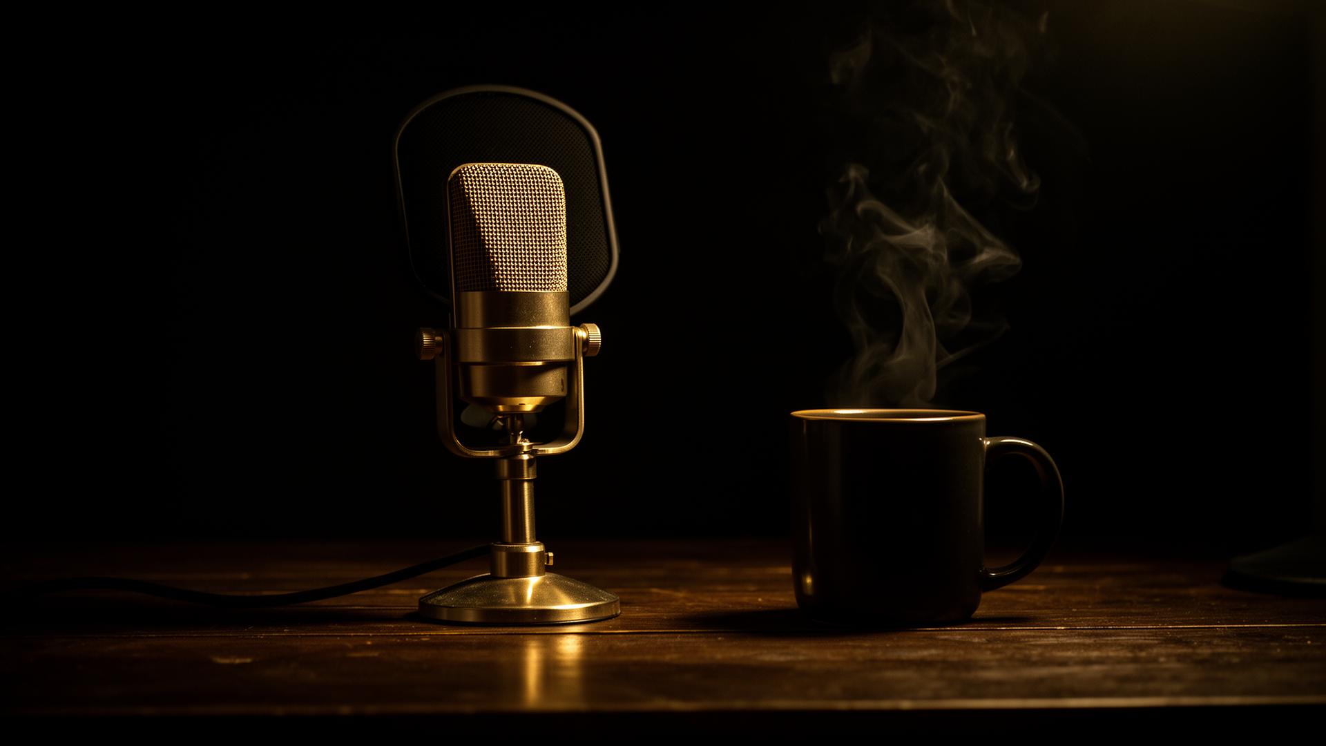 Studio microphone with a steaming mug on a dark wooden desk