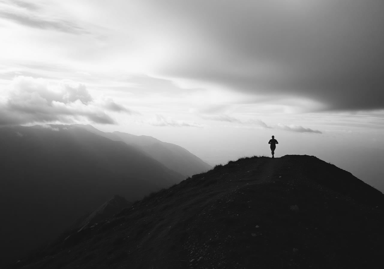 A lone trail runner moving along a misty mountain trail at golden hour